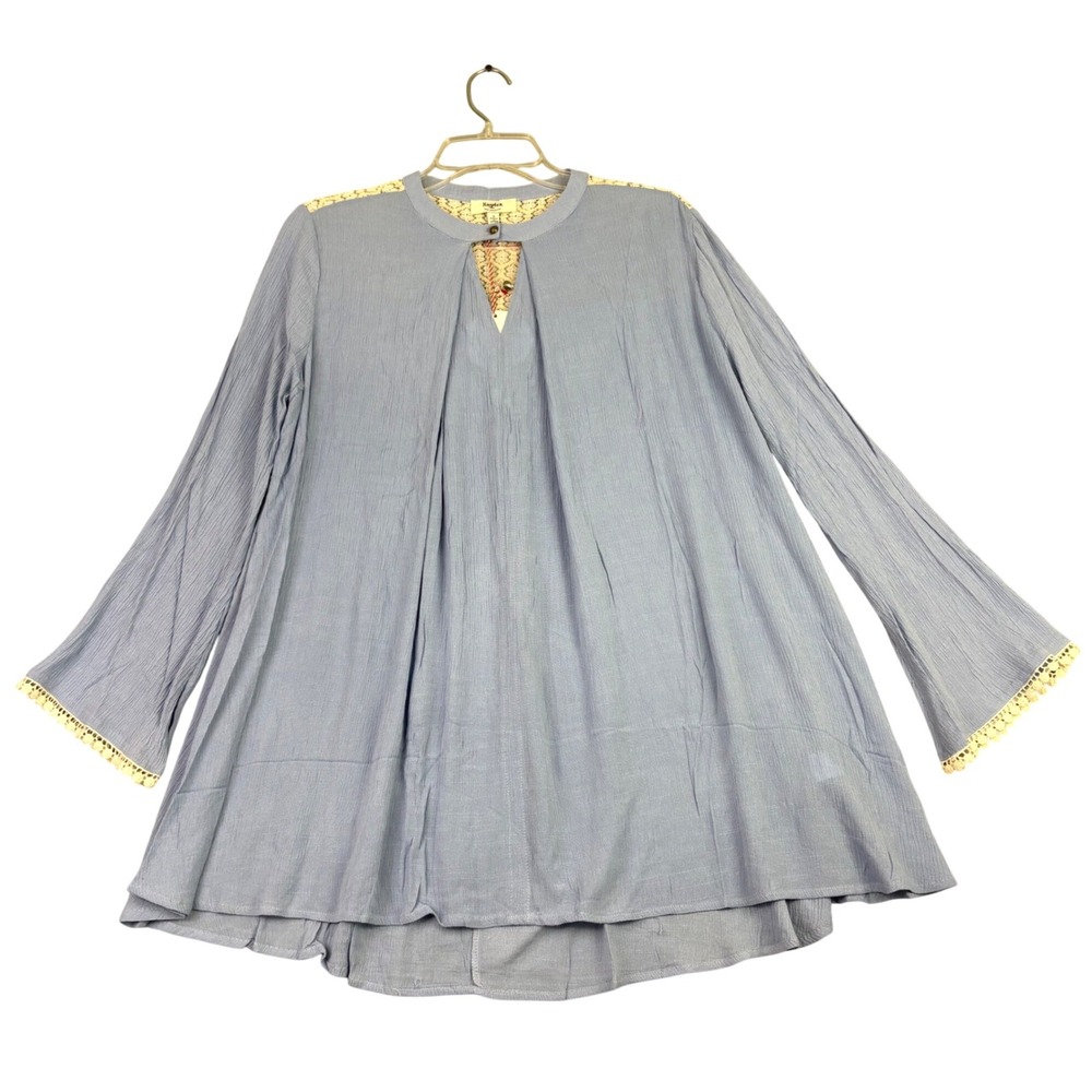 Hayden Los Angeles Womens S Blue Lace Trim Boho Peasant Blouse Bell Sleeve NWT